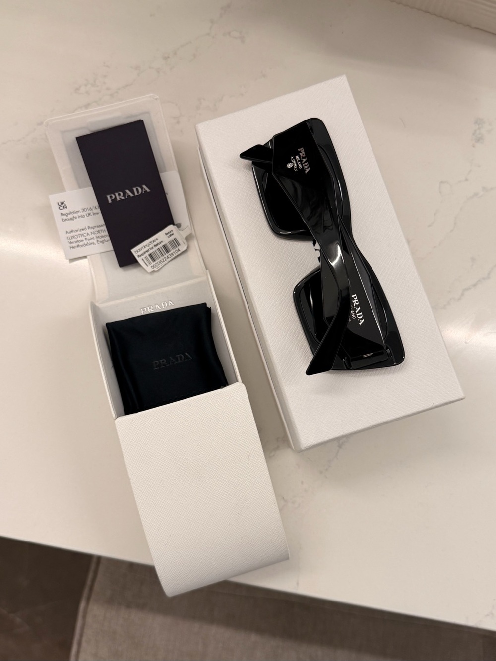 Prada Glossy Black Rectangular Logo Sunglasses with White Box